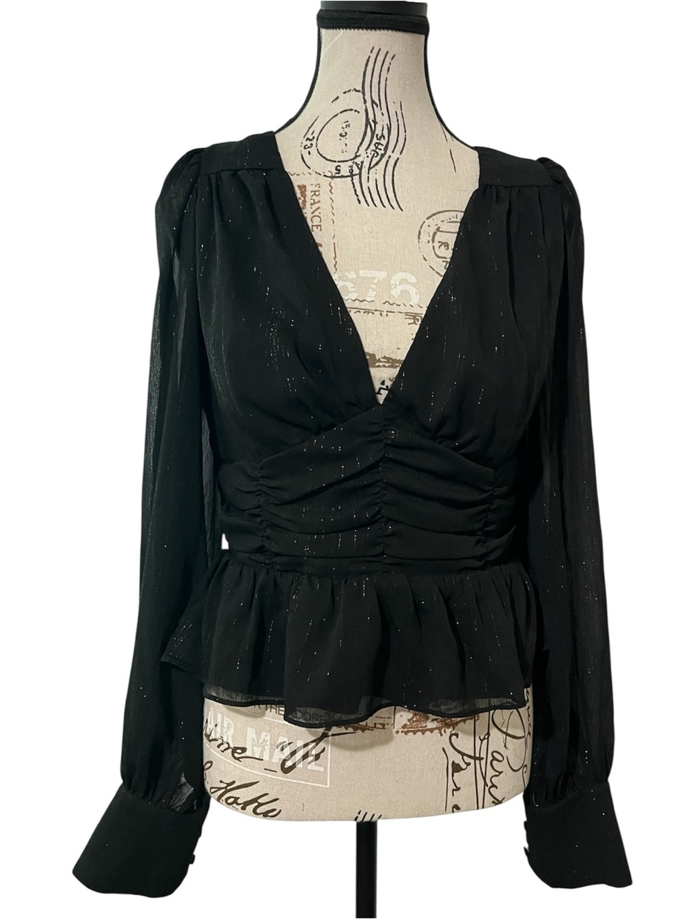WAYF Black Sparkle V-Neck Peplum Blouse Sheer Long Sleeve Ruched Waist Top Large